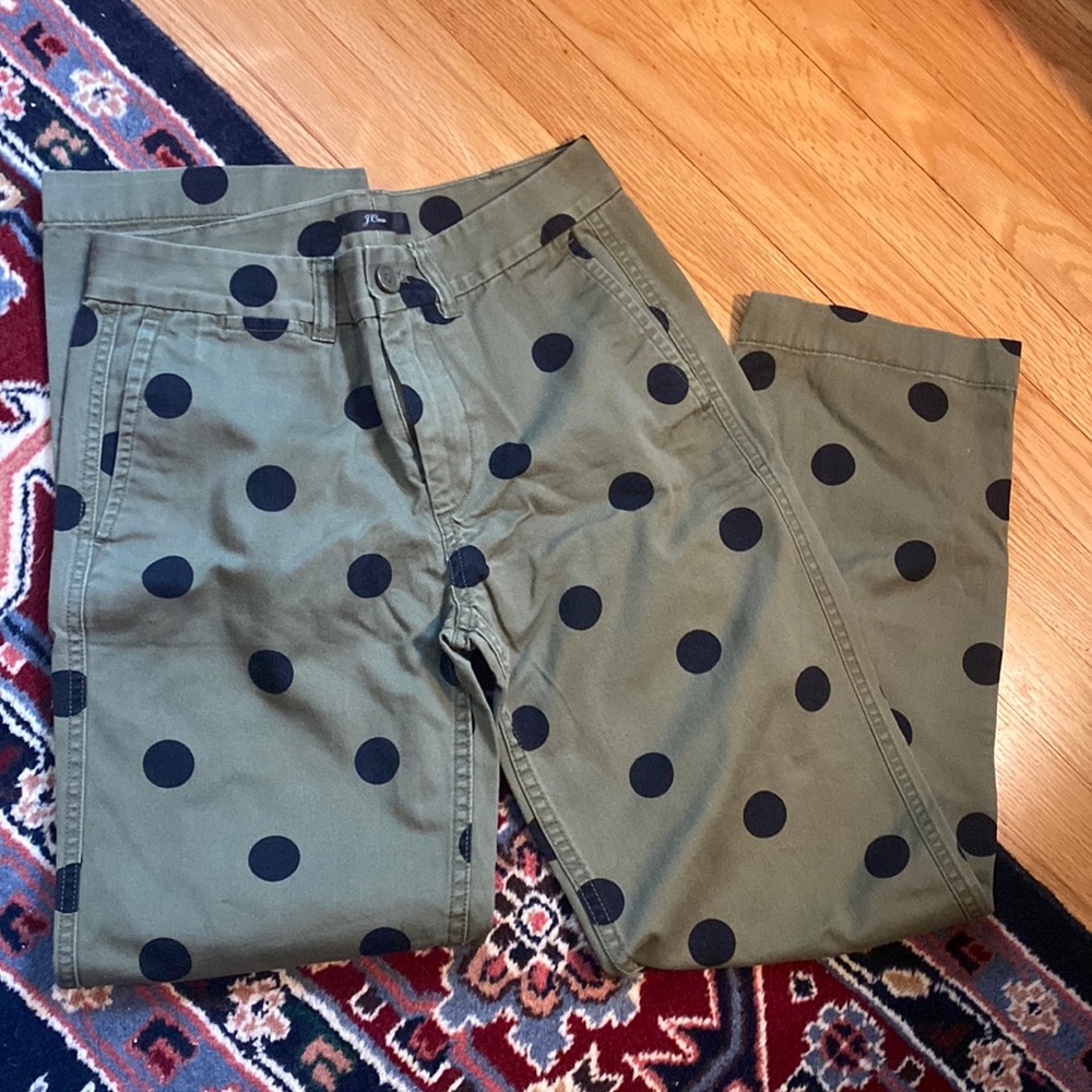J. Crew Olive Green Wide-Leg Pants with Black Polka Dots